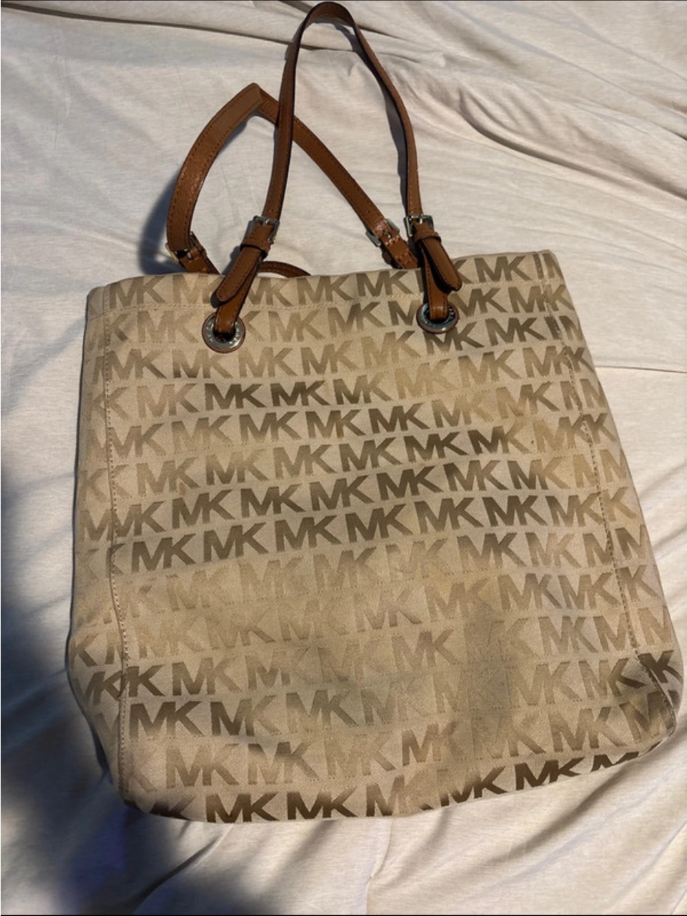 Michael Kors Tan & Beige MK Logo Shoulder Tote